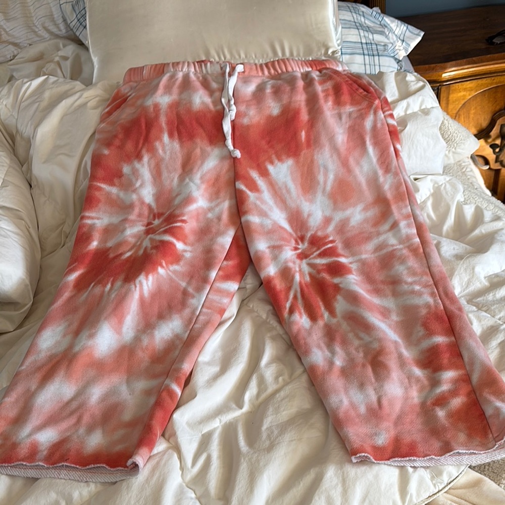 Deep Orange  and White Wide Leg Pants with Tie-Dye Pattern. Cropped.